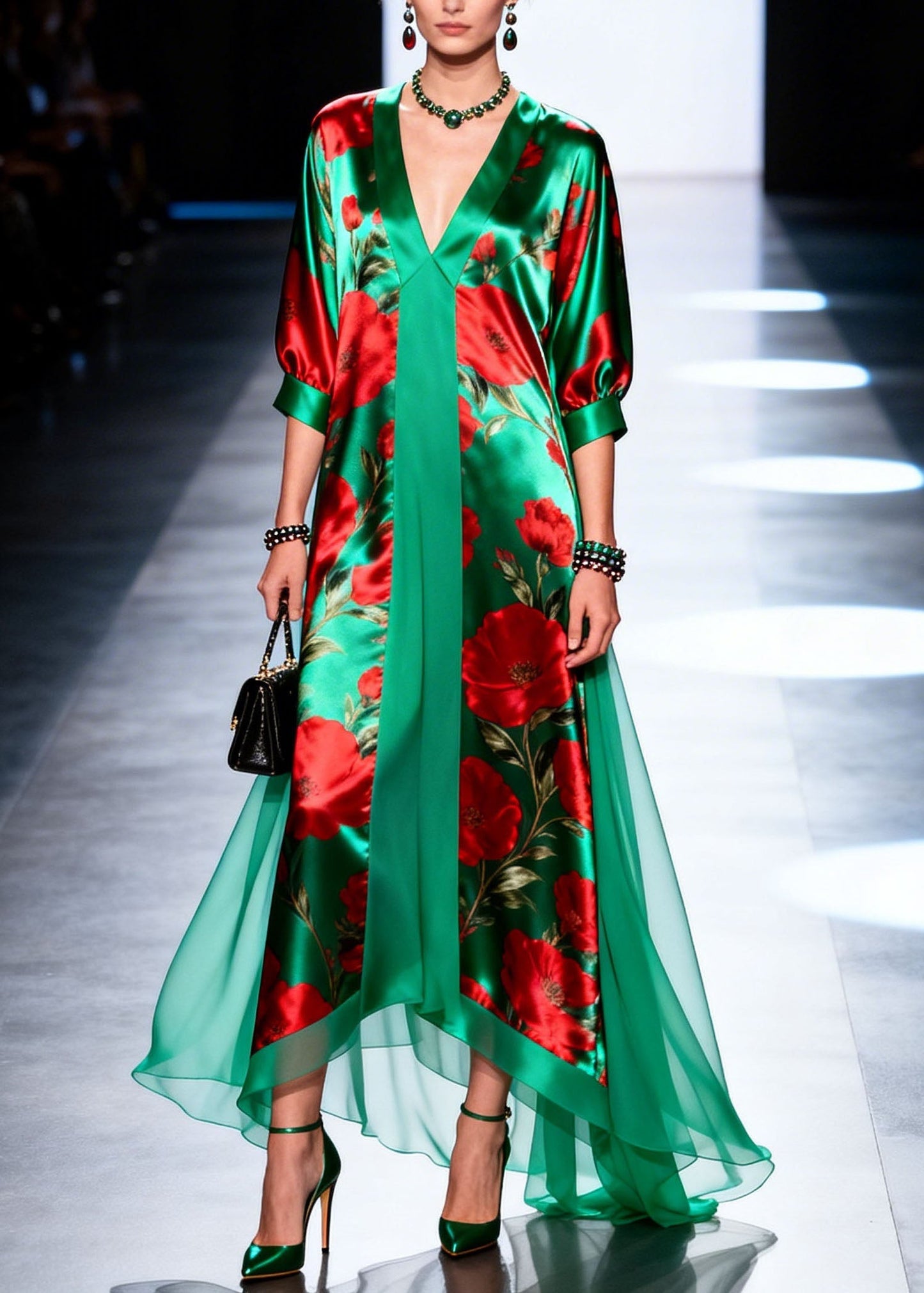 V Neck Print Patchwork Chiffon Maxi Dresses Summer