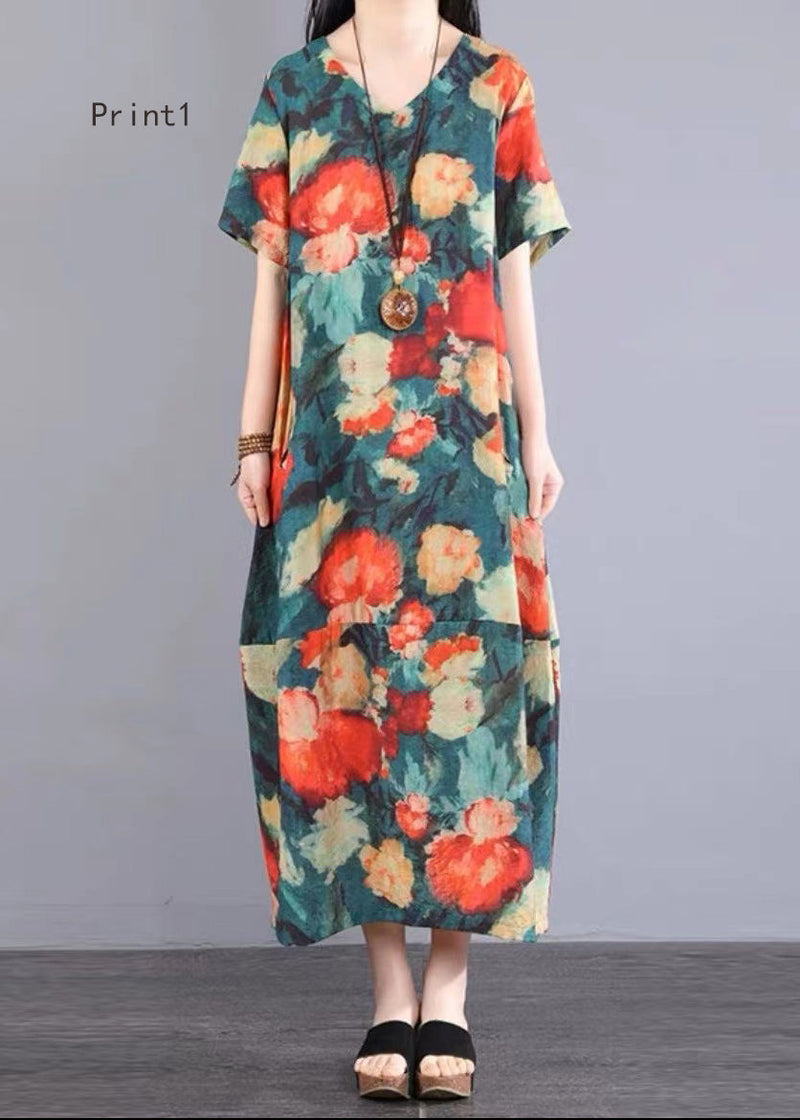 V Neck Print Patchwork Cotton Long Dresses Summer