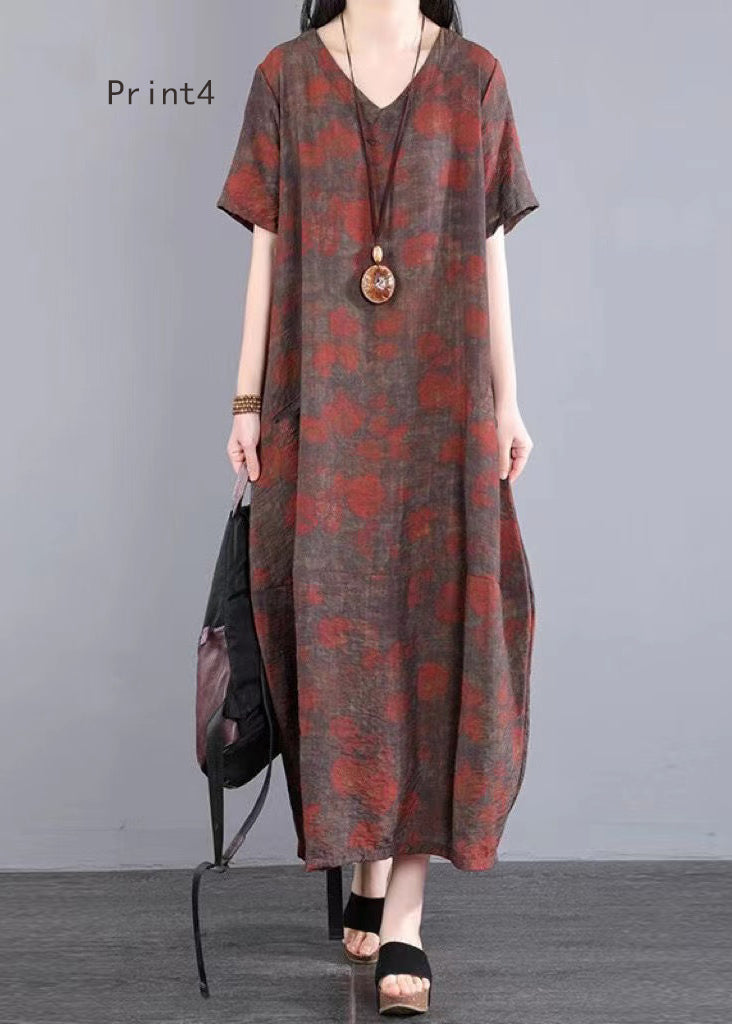V Neck Print Patchwork Cotton Long Dresses Summer