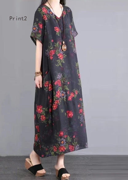 V Neck Print Patchwork Cotton Long Dresses Summer