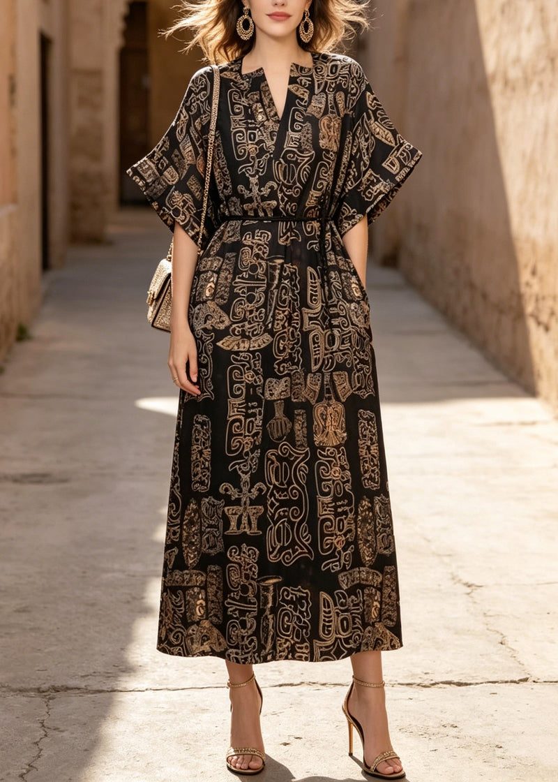V Neck Print Pockets Cotton Dresses Summer