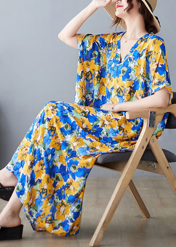 V Neck Print Satin Long Dresses Short Sleeve