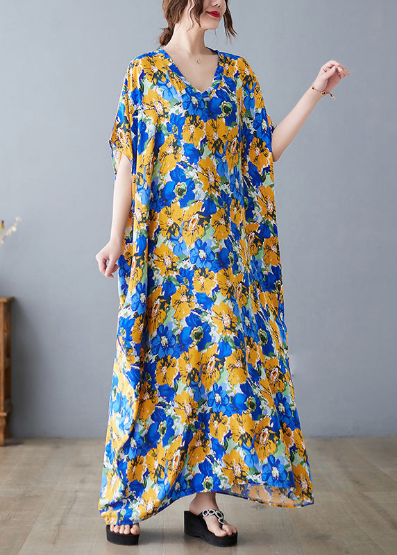 V Neck Print Satin Long Dresses Short Sleeve