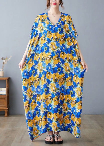 V Neck Print Satin Long Dresses Short Sleeve