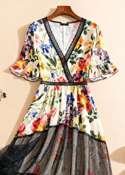 V Neck Print Tulle Patchwork Long Dress Summer