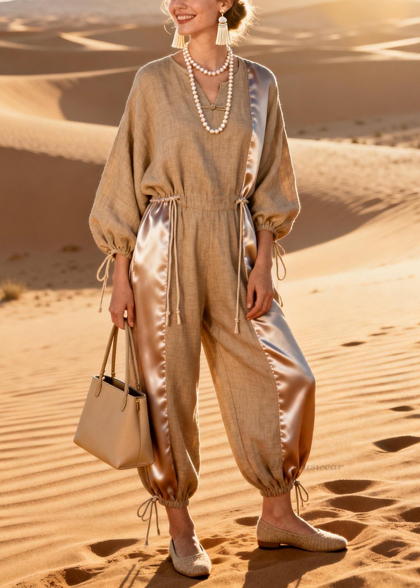 V-neck Silk Patchwork Drawstring Linen Jumpsuit Spring