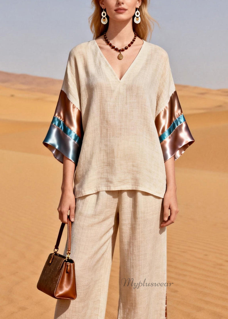 V Neck Silk Patchwork Linen Two Pieces Set Summer