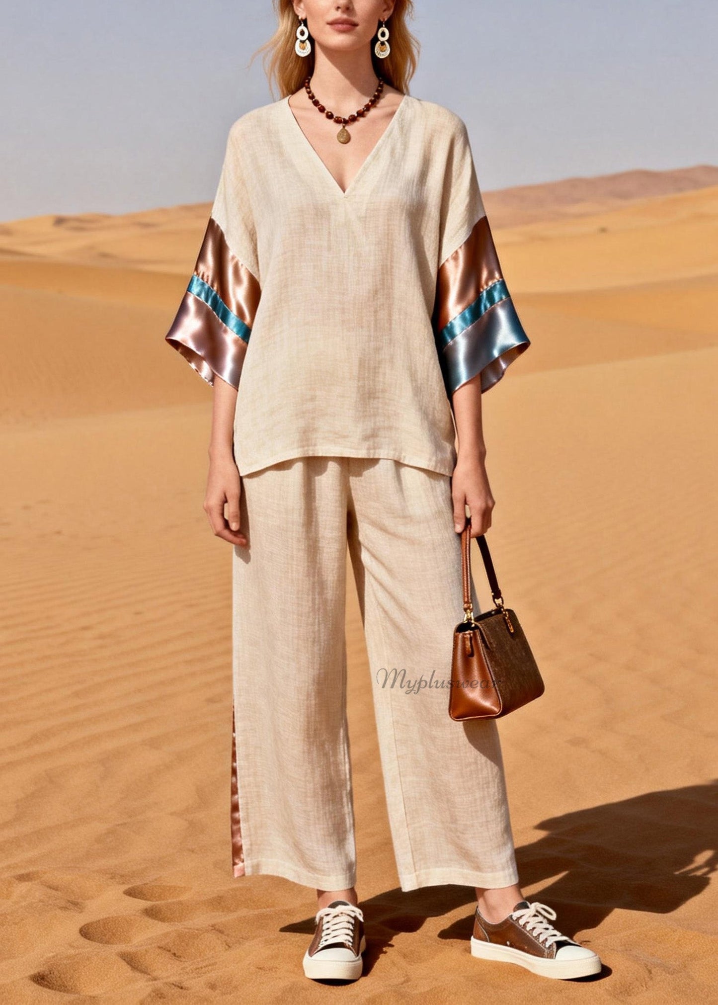 V Neck Silk Patchwork Linen Two Pieces Set Summer