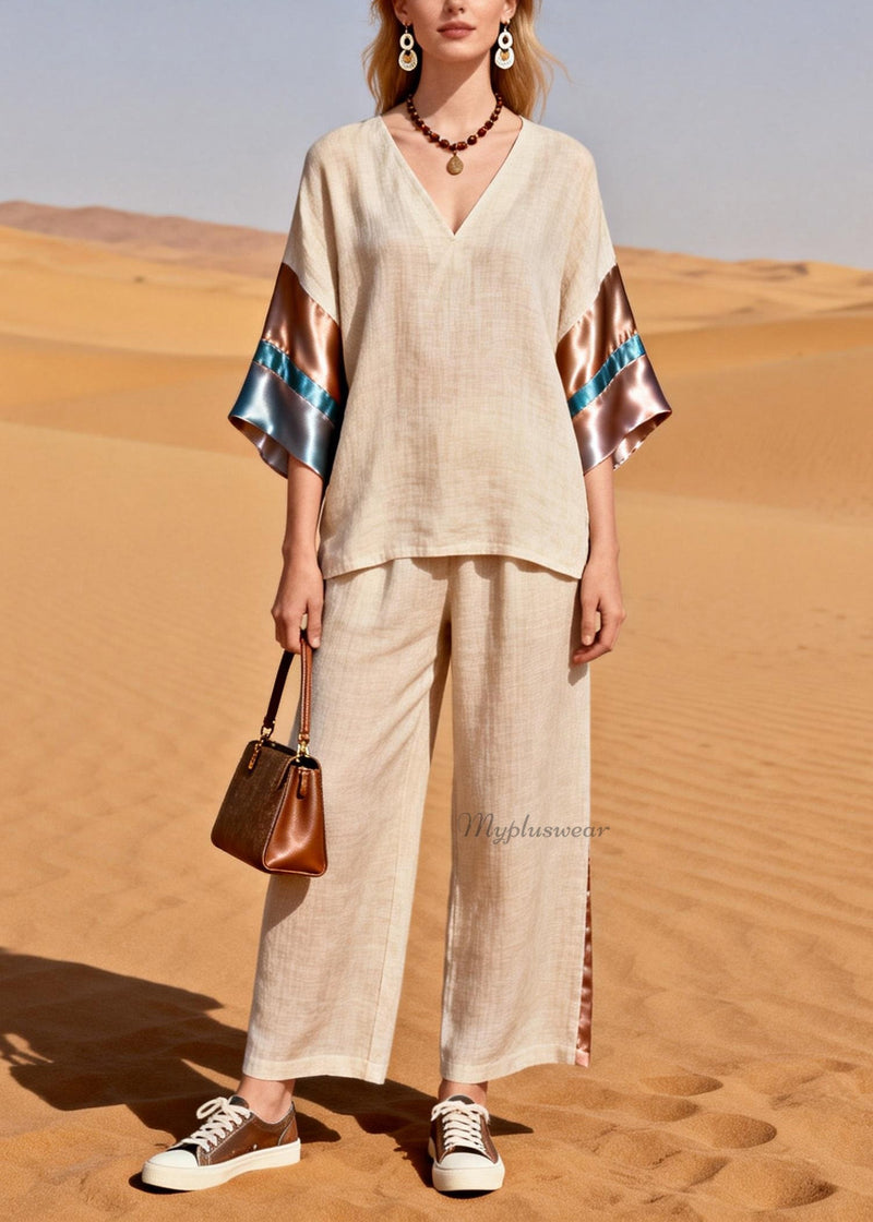 V Neck Silk Patchwork Linen Two Pieces Set Summer
