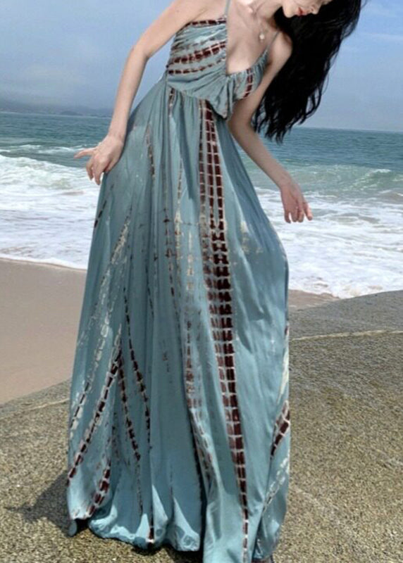 V Neck Wrinkled Print Backless Maxi Spaghetti Strap Dresses Summer