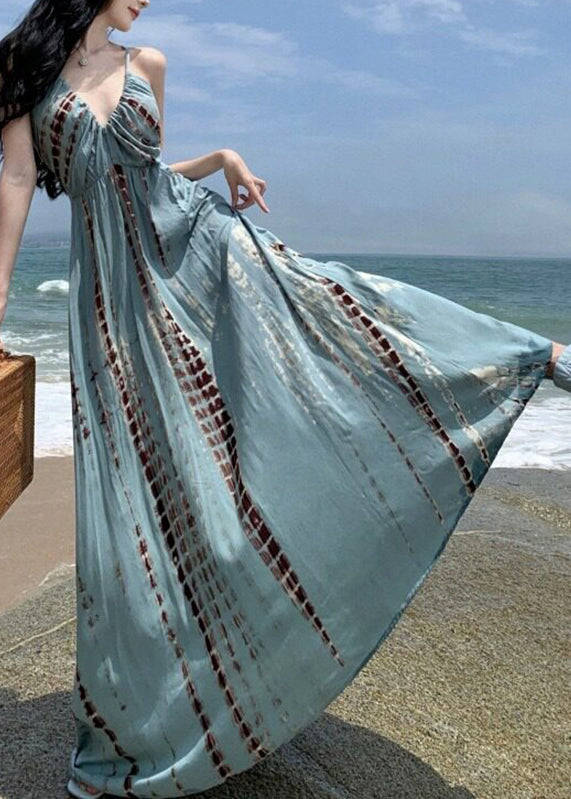 V Neck Wrinkled Print Backless Maxi Spaghetti Strap Dresses Summer