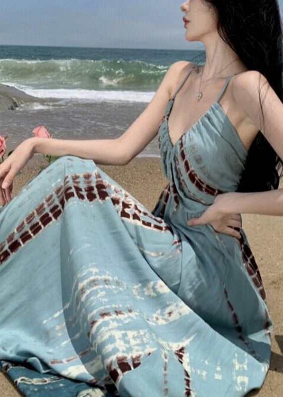V Neck Wrinkled Print Backless Maxi Spaghetti Strap Dresses Summer
