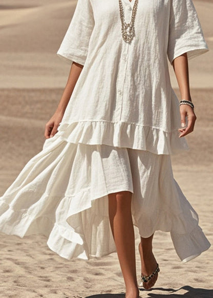 White Asymmetrical Patchwork Cotton Holiday Dress Summer