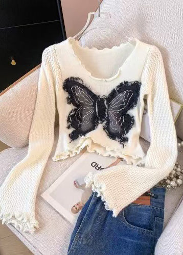 White Butterfly Patchwork Knitted Tops Flare Sleeve