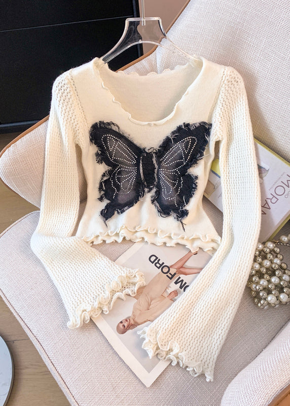 White Butterfly Patchwork Knitted Tops Flare Sleeve