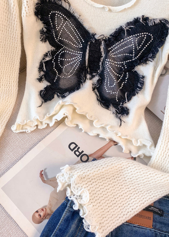 White Butterfly Patchwork Knitted Tops Flare Sleeve