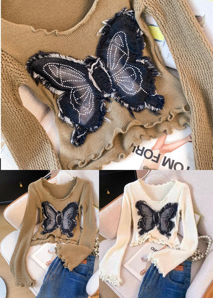 White Butterfly Patchwork Knitted Tops Flare Sleeve