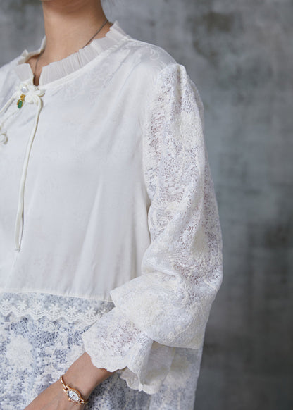 White Chinese Button Patchwork Lace Shirts Summer