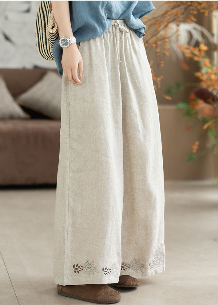 White Embroidered Elastic Waist Linen Straight Pants Summer