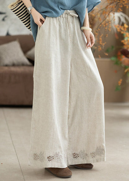 White Embroidered Elastic Waist Linen Straight Pants Summer