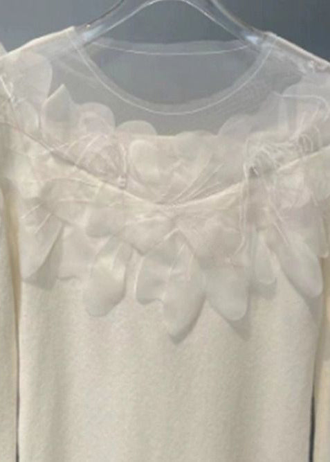 White Hollow Out Patchwork Knit Tops Spring