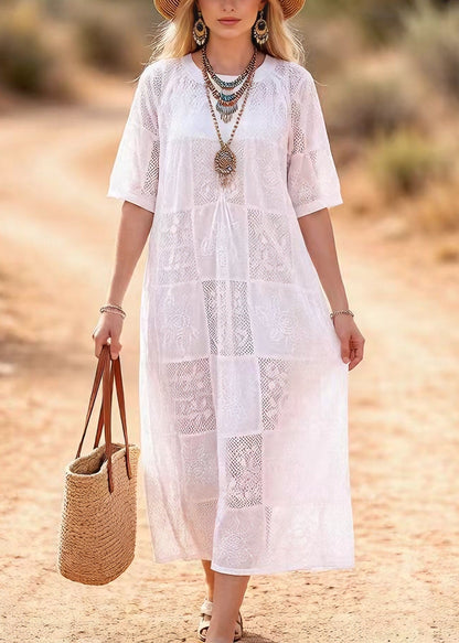 White O Neck Embroidered Lace Maxi Dress Summer