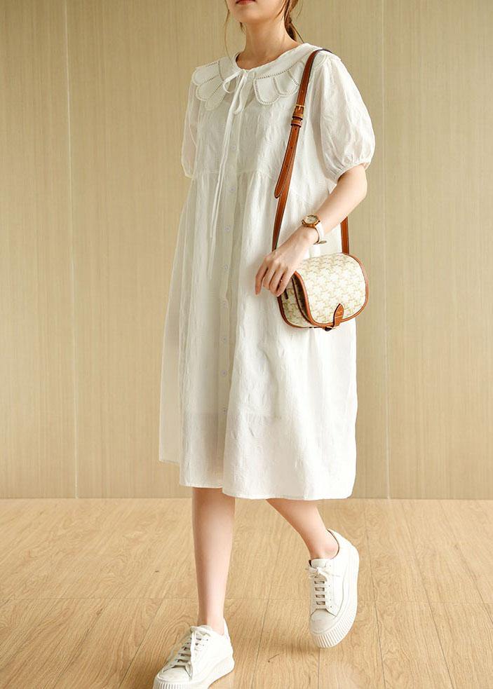 White O-neck Jacquard Summer Cotton Party Dresses Short Sleeve