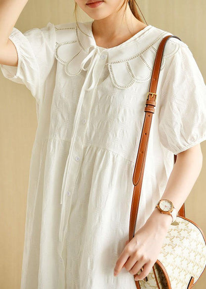 White O-neck Jacquard Summer Cotton Party Dresses Short Sleeve