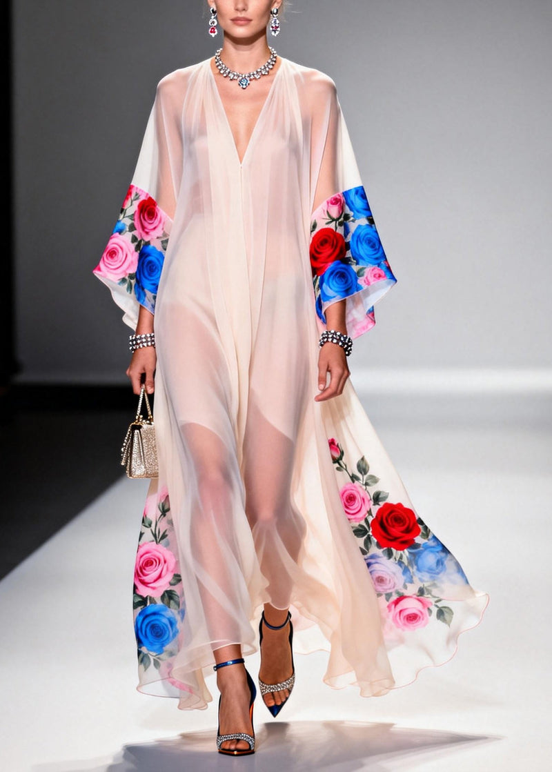 White Oversized Print Chiffon Maxi Dresses Summer