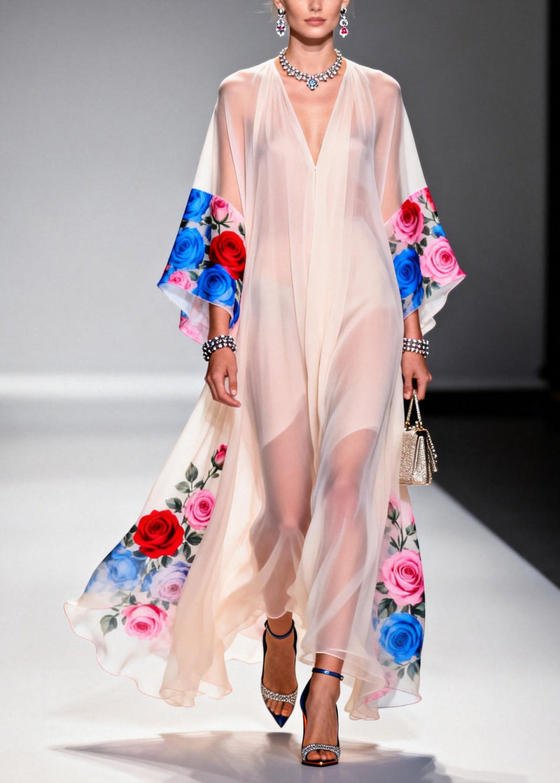 White Oversized Print Chiffon Maxi Dresses Summer