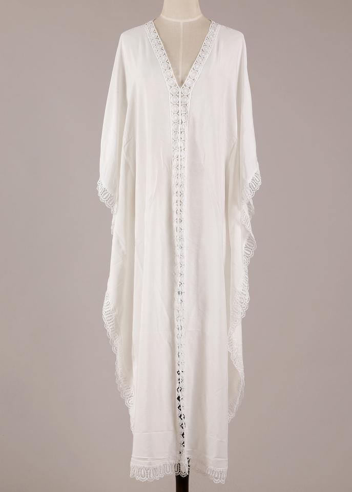 White Patchwork Hollow Outkimono Robe Summer Maxi Dress