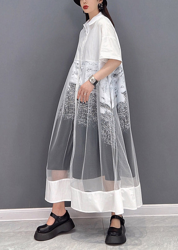 White Peter Pan Collar Patchwork Tulle Dress Short Sleeve