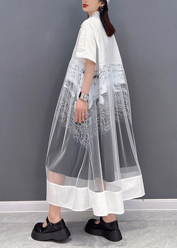 White Peter Pan Collar Patchwork Tulle Dress Short Sleeve