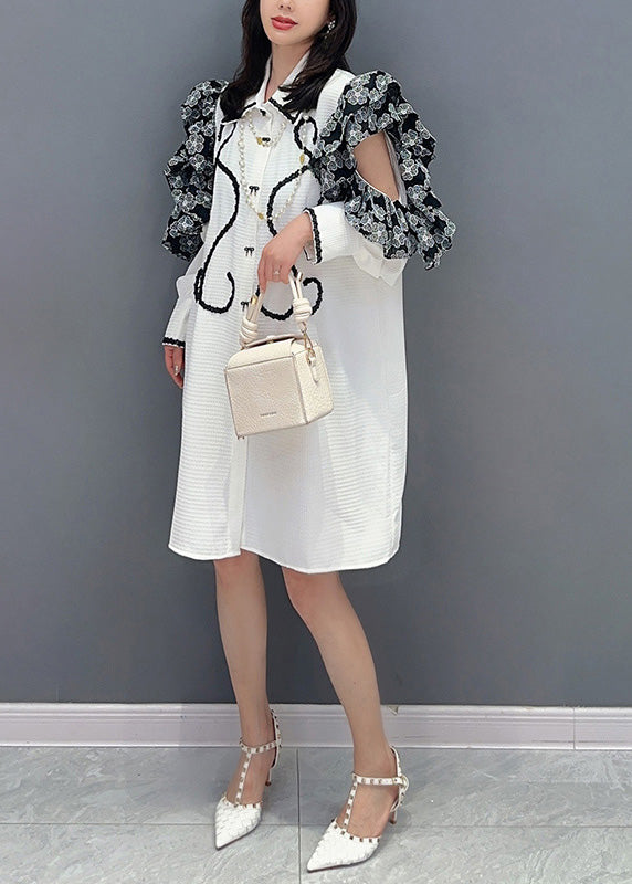 White Peter Pan Collar Print Button Maxi Shirts Dresses Puff Sleeve