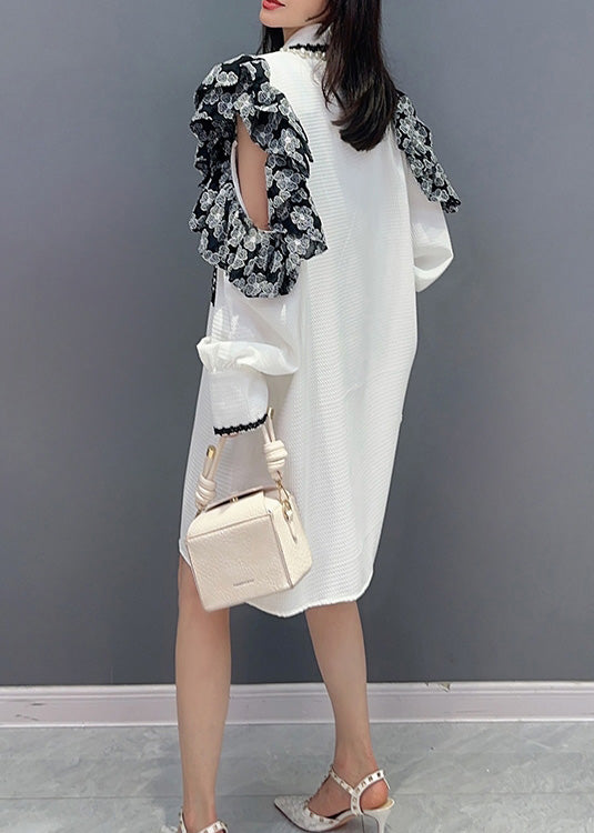 White Peter Pan Collar Print Button Maxi Shirts Dresses Puff Sleeve
