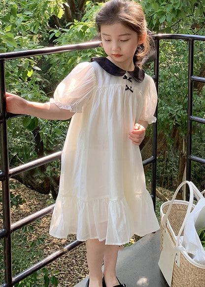 White Peter Pan Collar Wrinkled Patchwork Cotton Kids Dress Summer