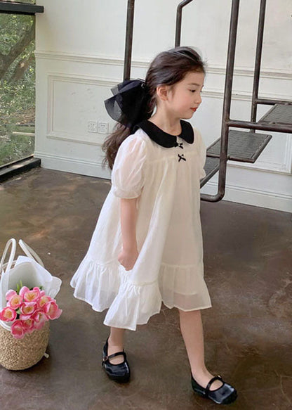 White Peter Pan Collar Wrinkled Patchwork Cotton Kids Dress Summer