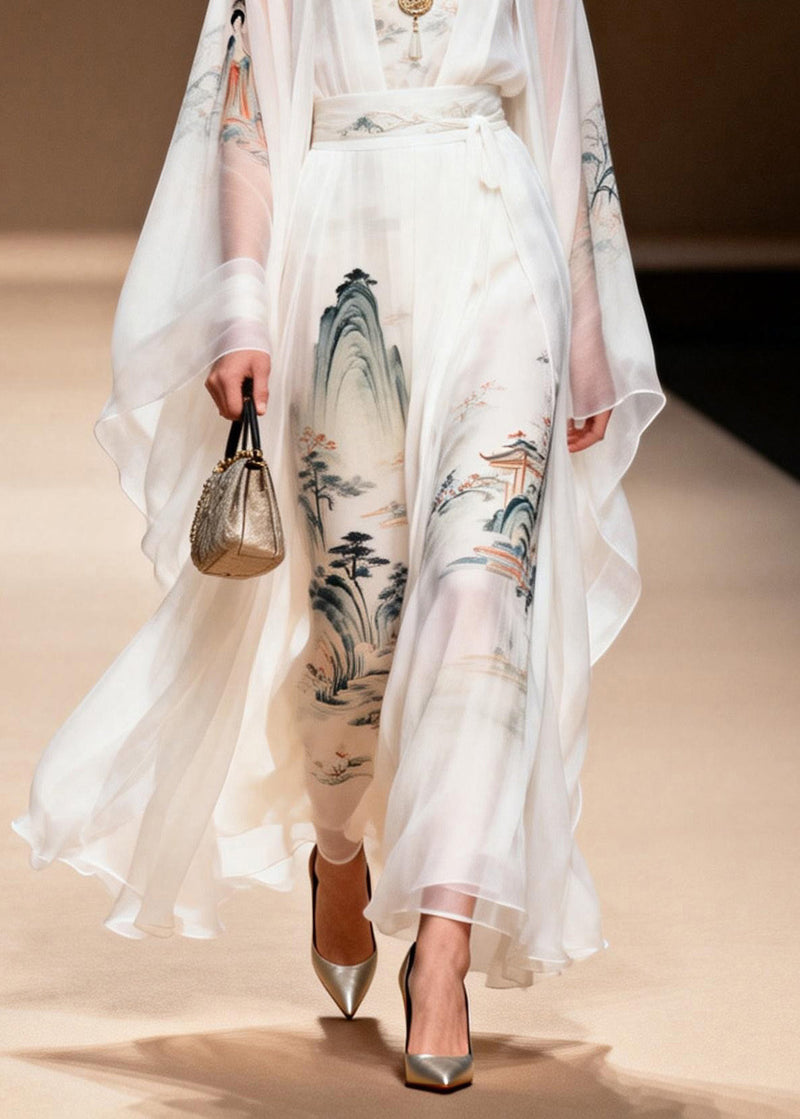 White Print Chiffon Two Pieces Set Summer