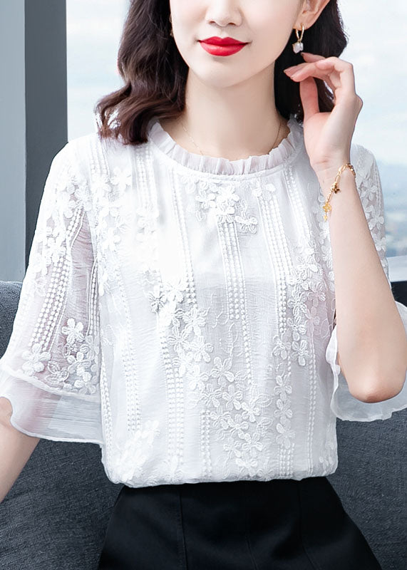 White Ruffled Embroideried Patchwork Chiffon Blouse Tops Summer