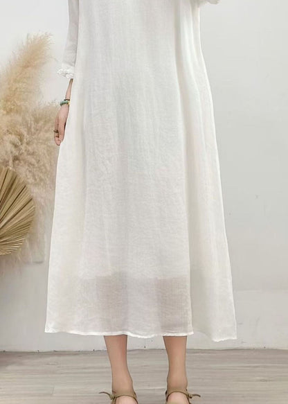 White Ruffled Patchwork Linen Dresses Summer