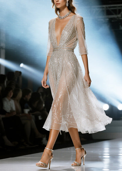 White Sequins Hollow Out Tulle Party Dresses Summer