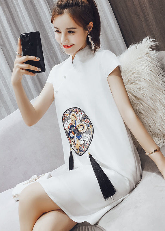 White Stand Collar Print Tassel Button Cotton Mid Dresses Short Sleeve