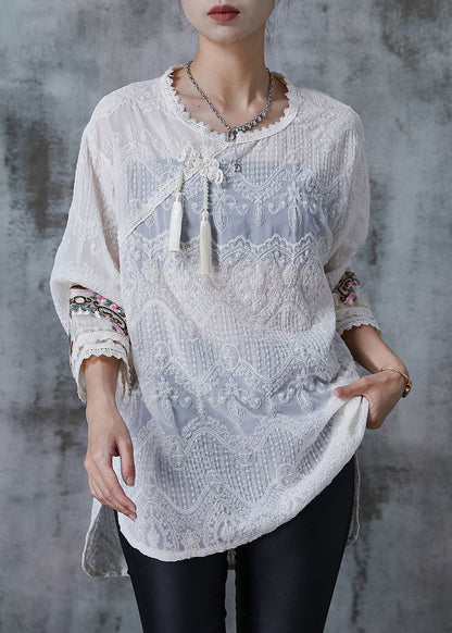 White Tasseled Embroidered Cotton Top Summer
