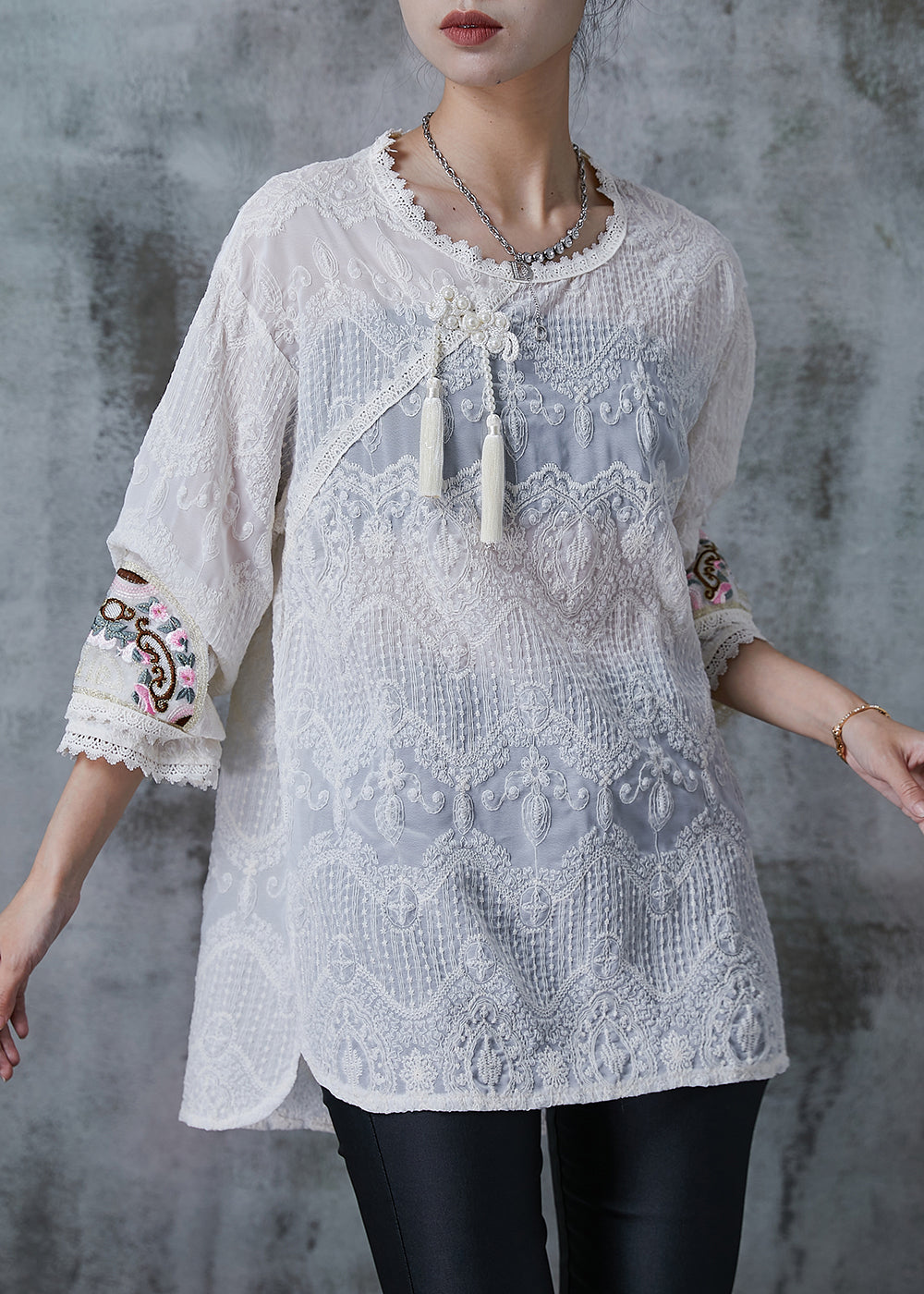 White Tasseled Embroidered Cotton Top Summer