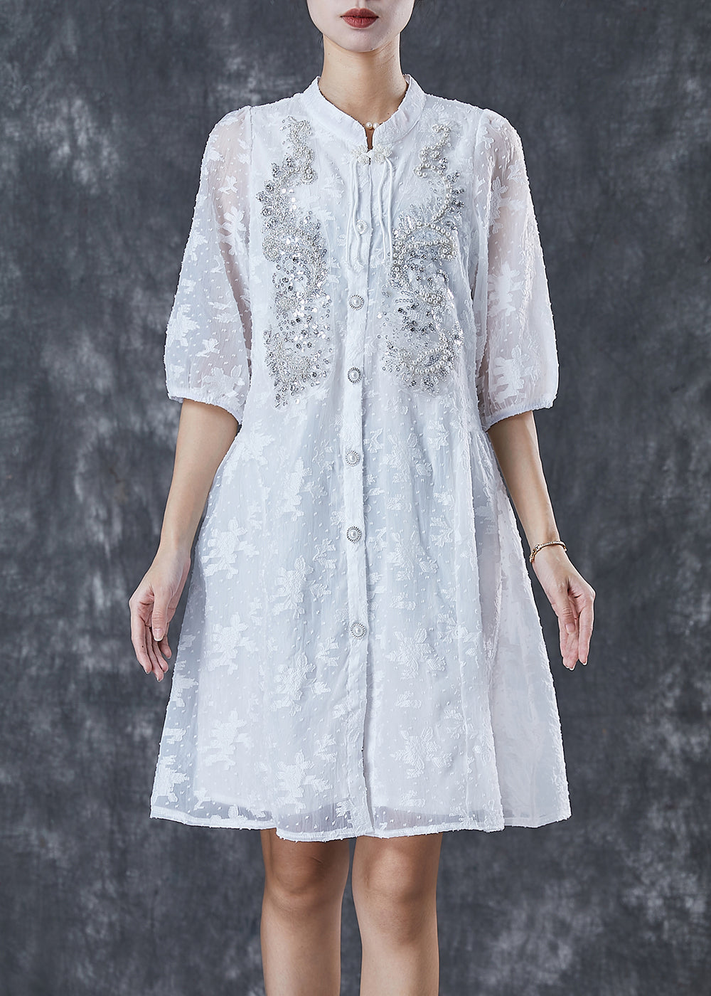 White Tasseled Nail Bead Cotton Dress Half Sleeve