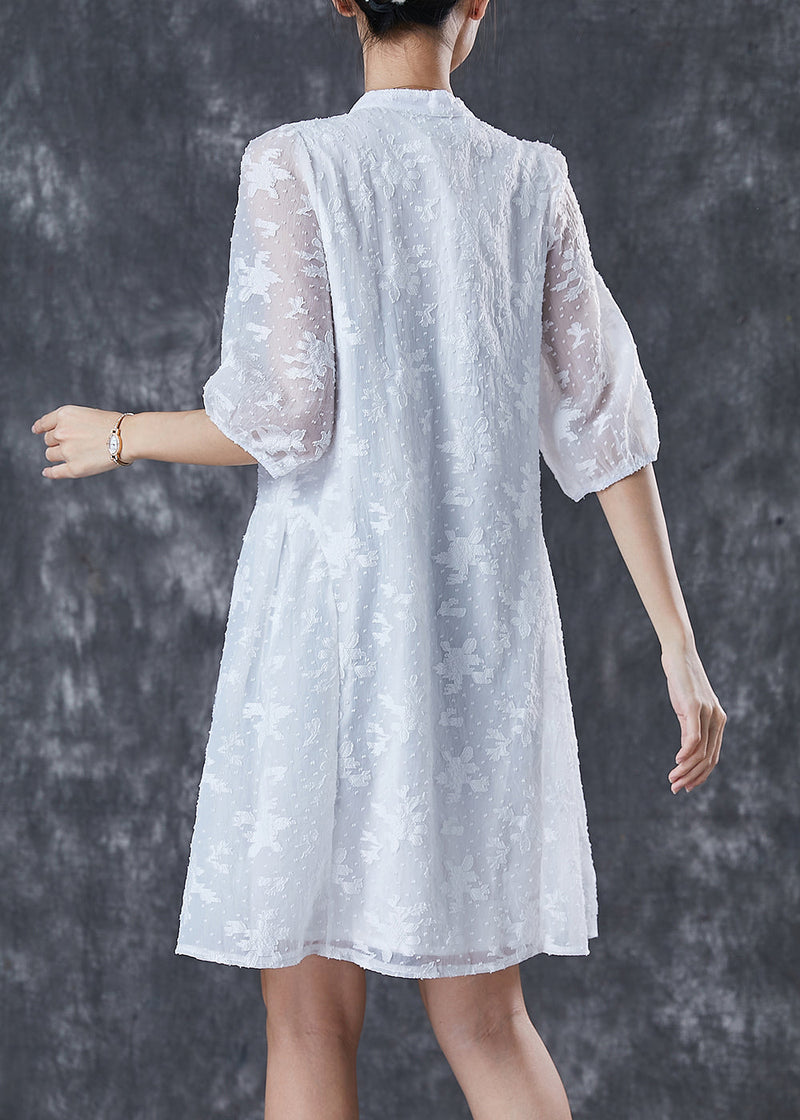 White Tasseled Nail Bead Cotton Dress Half Sleeve