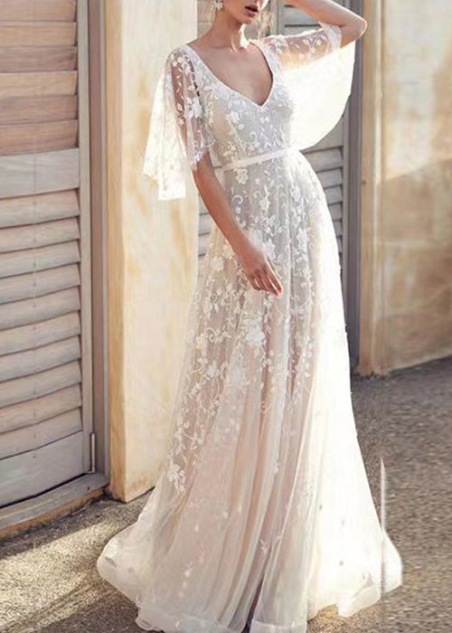 White V Neck Backless Tulle Lace Long Dress Summer