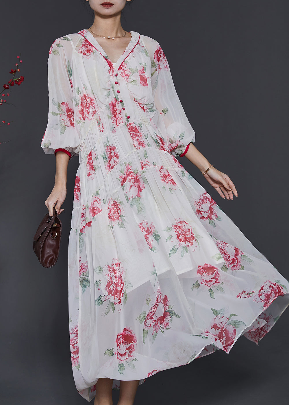 White V Neck Print Chiffon Beach Dress Spring