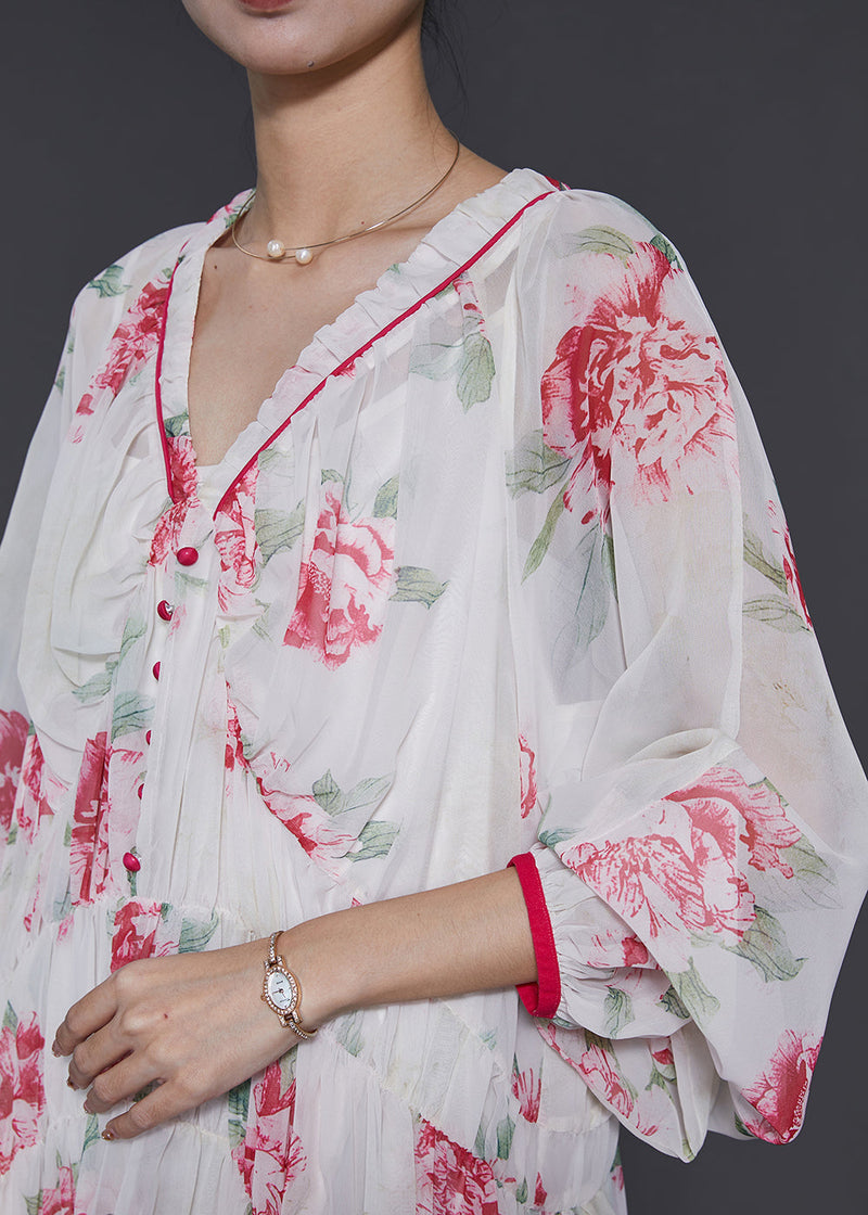 White V Neck Print Chiffon Beach Dress Spring