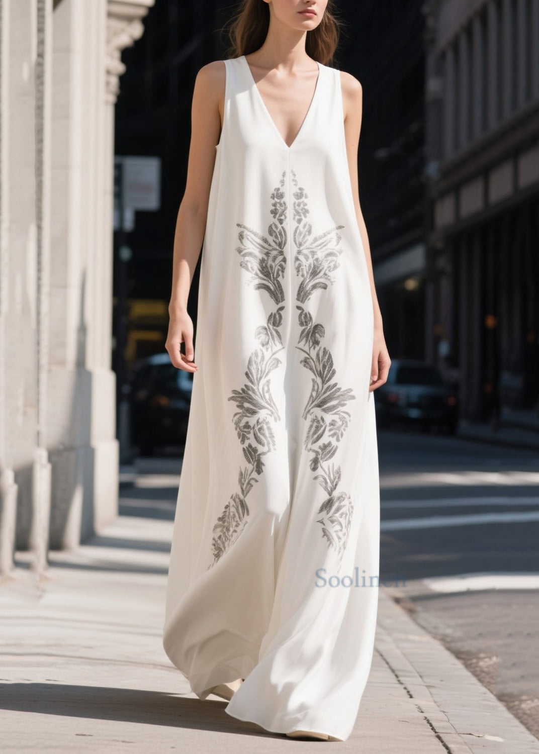 White V Neck Print Chiffon Maxi Dresses Summer